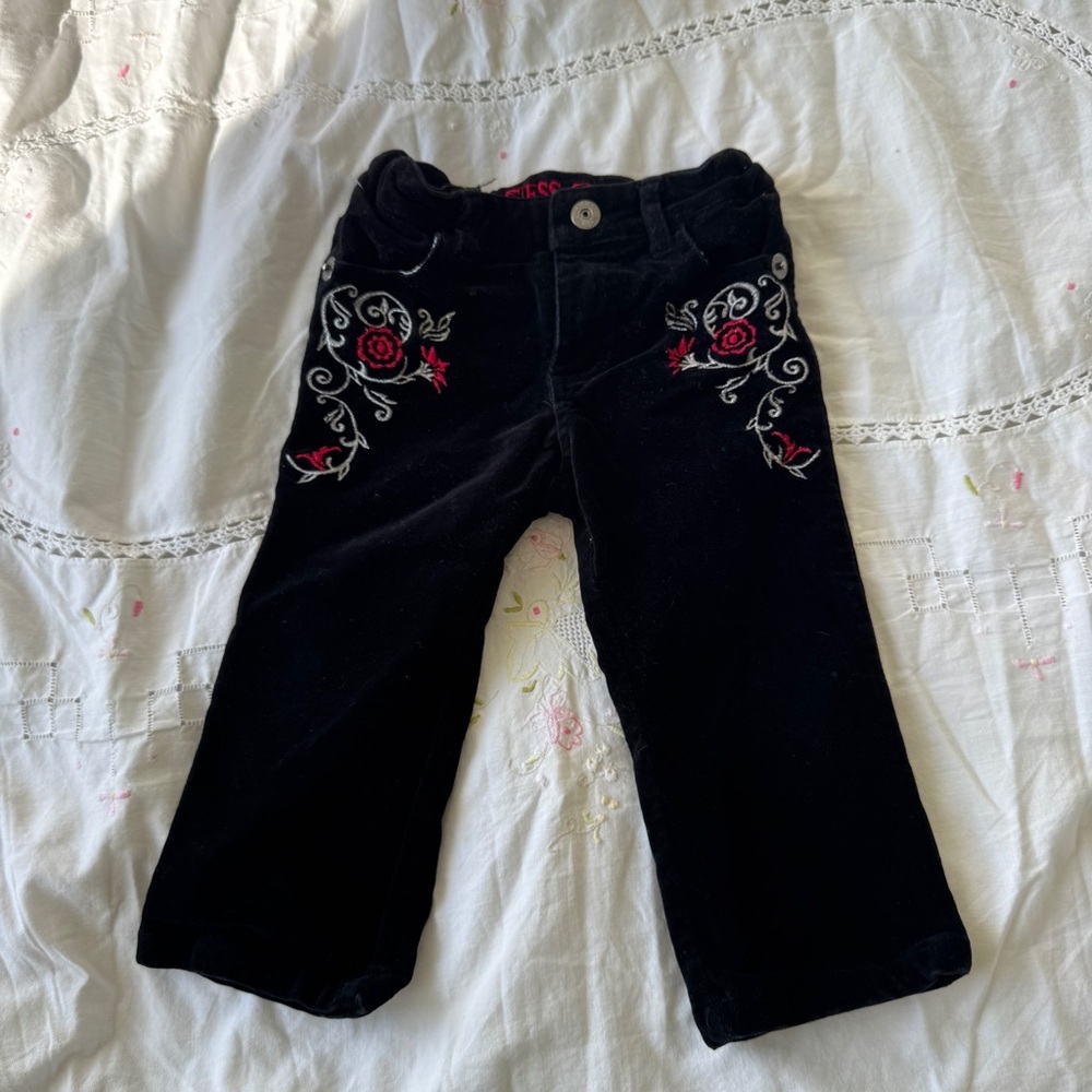 Guess Black Velvet Pants with Red Rose Embroidery